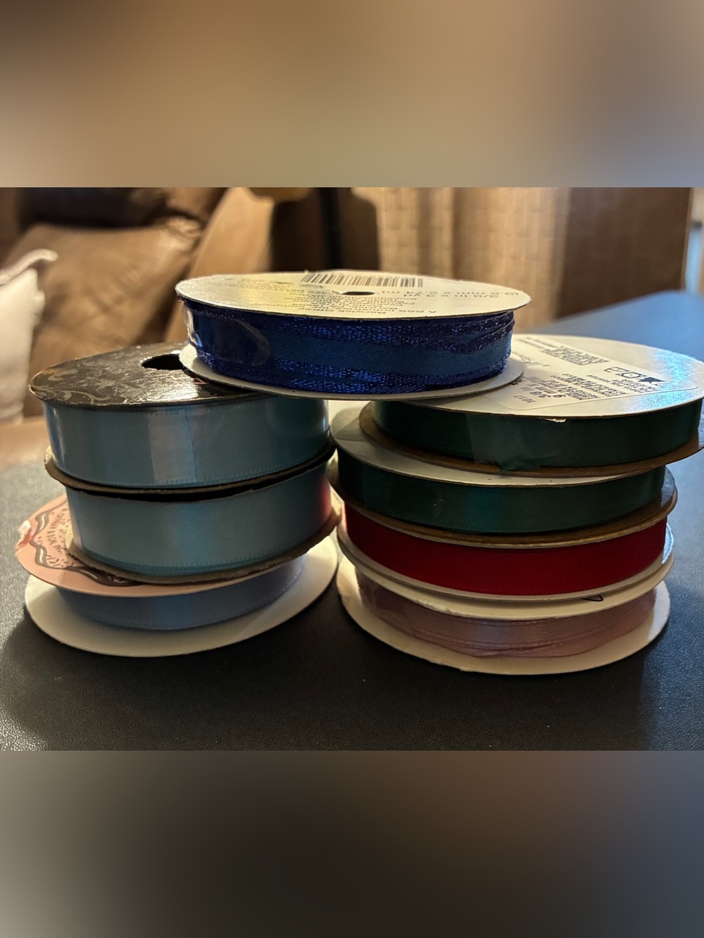 Assorted Satin Craft Ribbon Spools - Blue, Green, Red, Pink